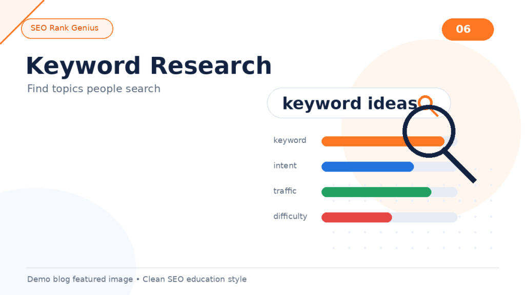 Keyword research dashboard showing search terms and topic clusters for a new website.