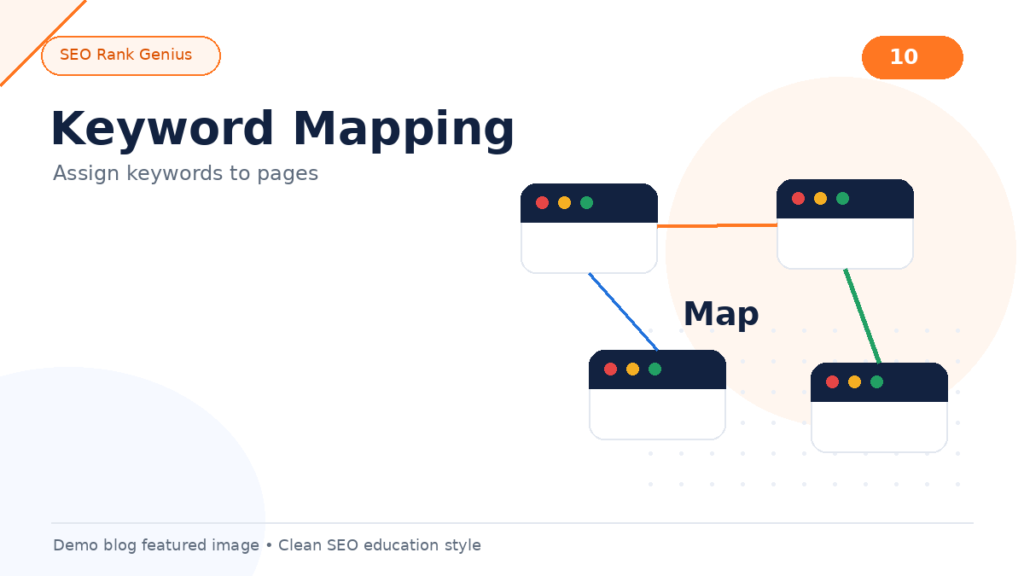 Keyword mapping spreadsheet assigning search terms to website pages and URLs.